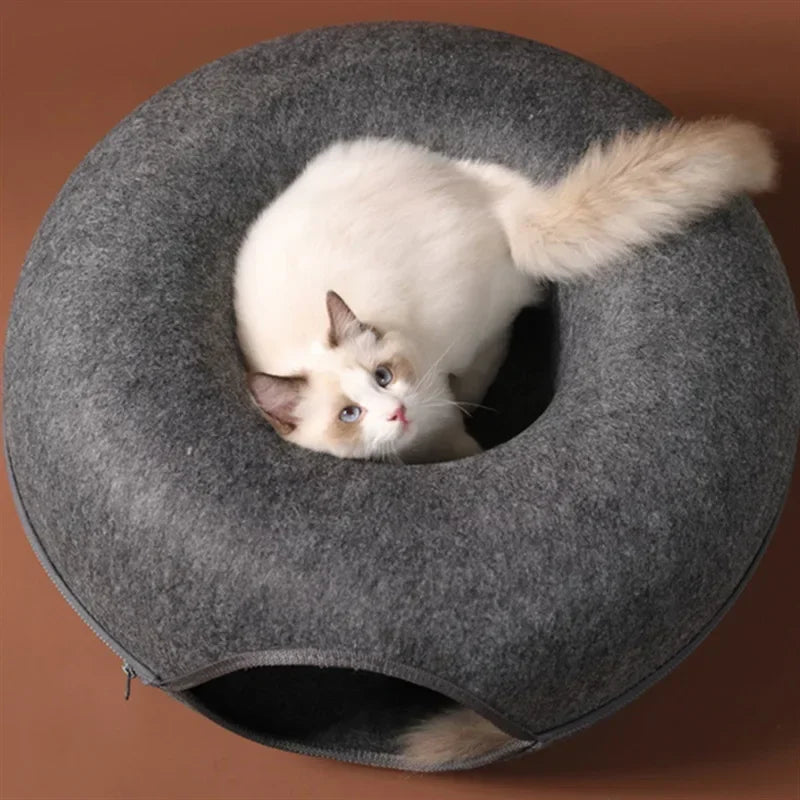 Nik's Felt Donut Cat Bed – 2-in-1 Tunnel & Hideaway, Zipper Design