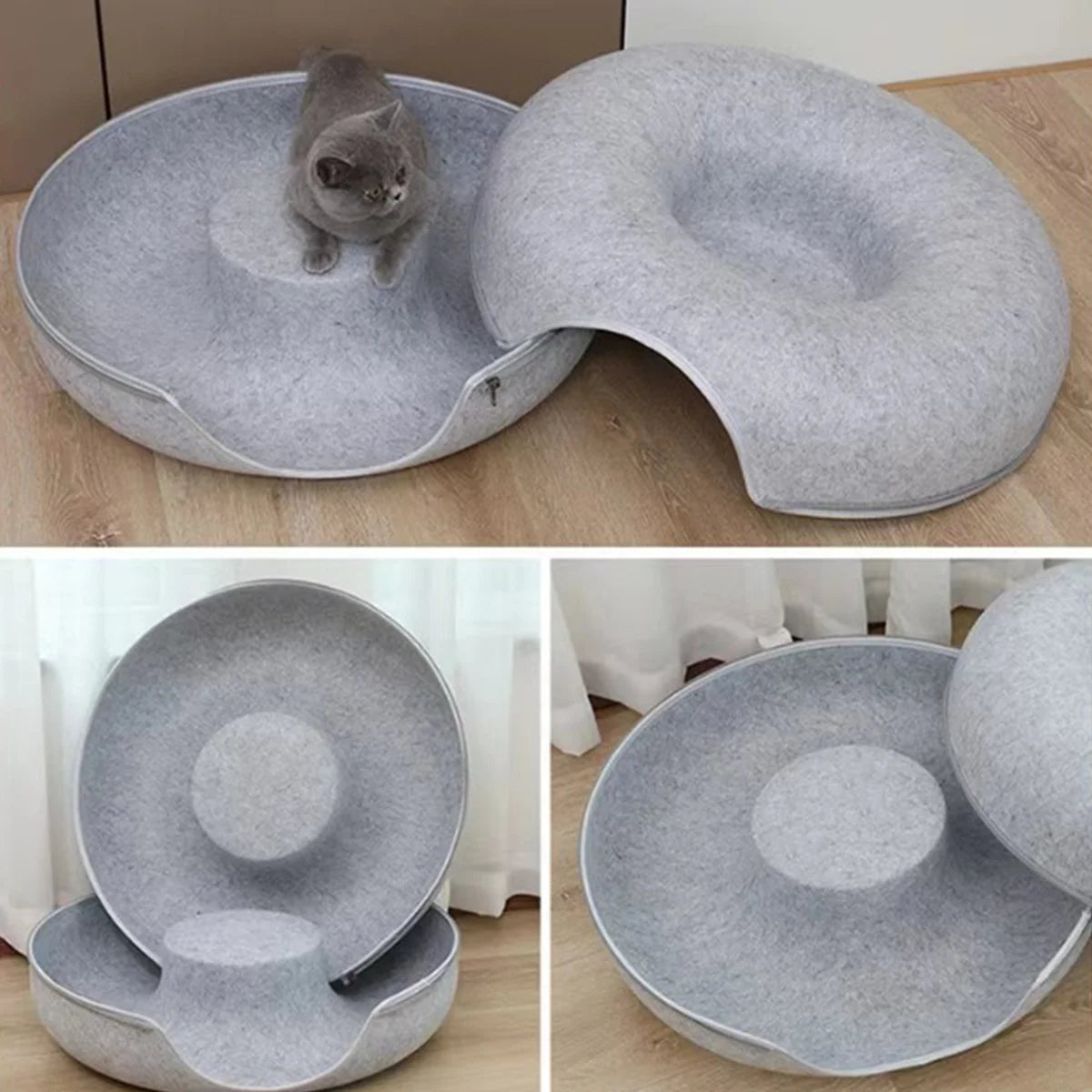 Nik's Felt Donut Cat Bed – 2-in-1 Tunnel & Hideaway, Zipper Design