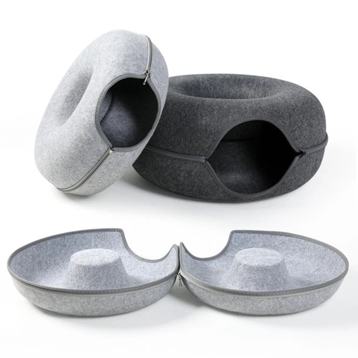Nik's Felt Donut Cat Bed – 2-in-1 Tunnel & Hideaway, Zipper Design