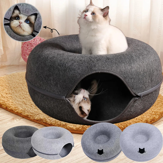 Nik's Felt Donut Cat Bed – 2-in-1 Tunnel & Hideaway, Zipper Design