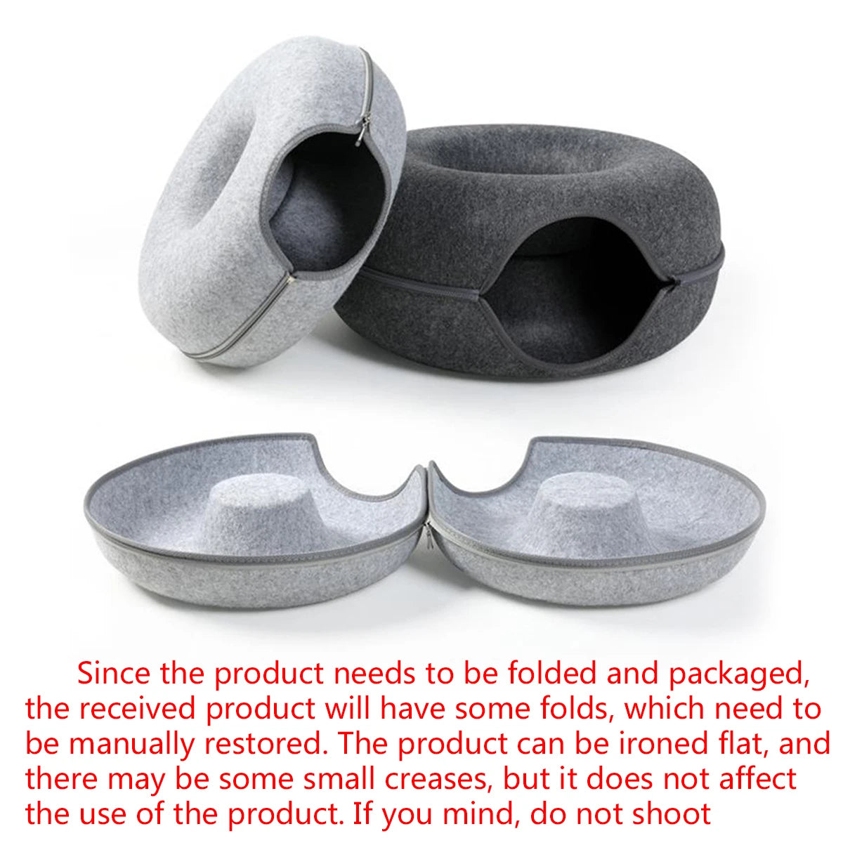 Nik's Felt Donut Cat Bed – 2-in-1 Tunnel & Hideaway, Zipper Design