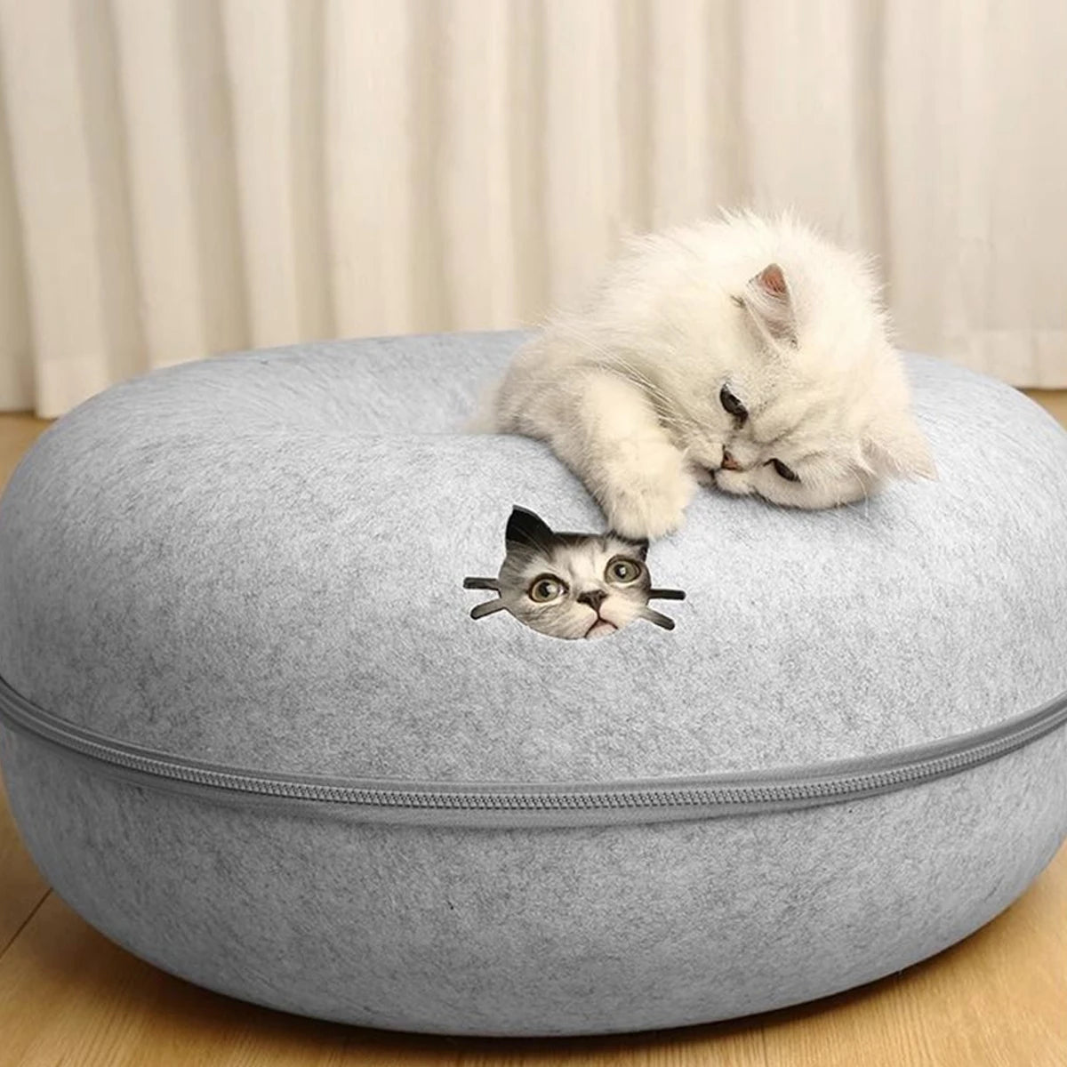 Nik's Felt Donut Cat Bed – 2-in-1 Tunnel & Hideaway, Zipper Design