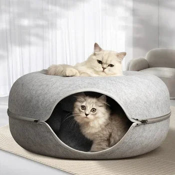 Nik's Felt Donut Cat Bed – 2-in-1 Tunnel & Hideaway, Zipper Design